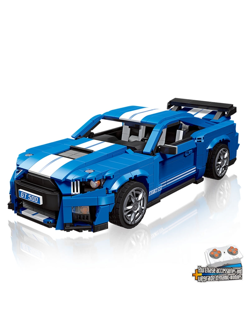 Blue GT500 sports car building block model with white stripes and realistic design